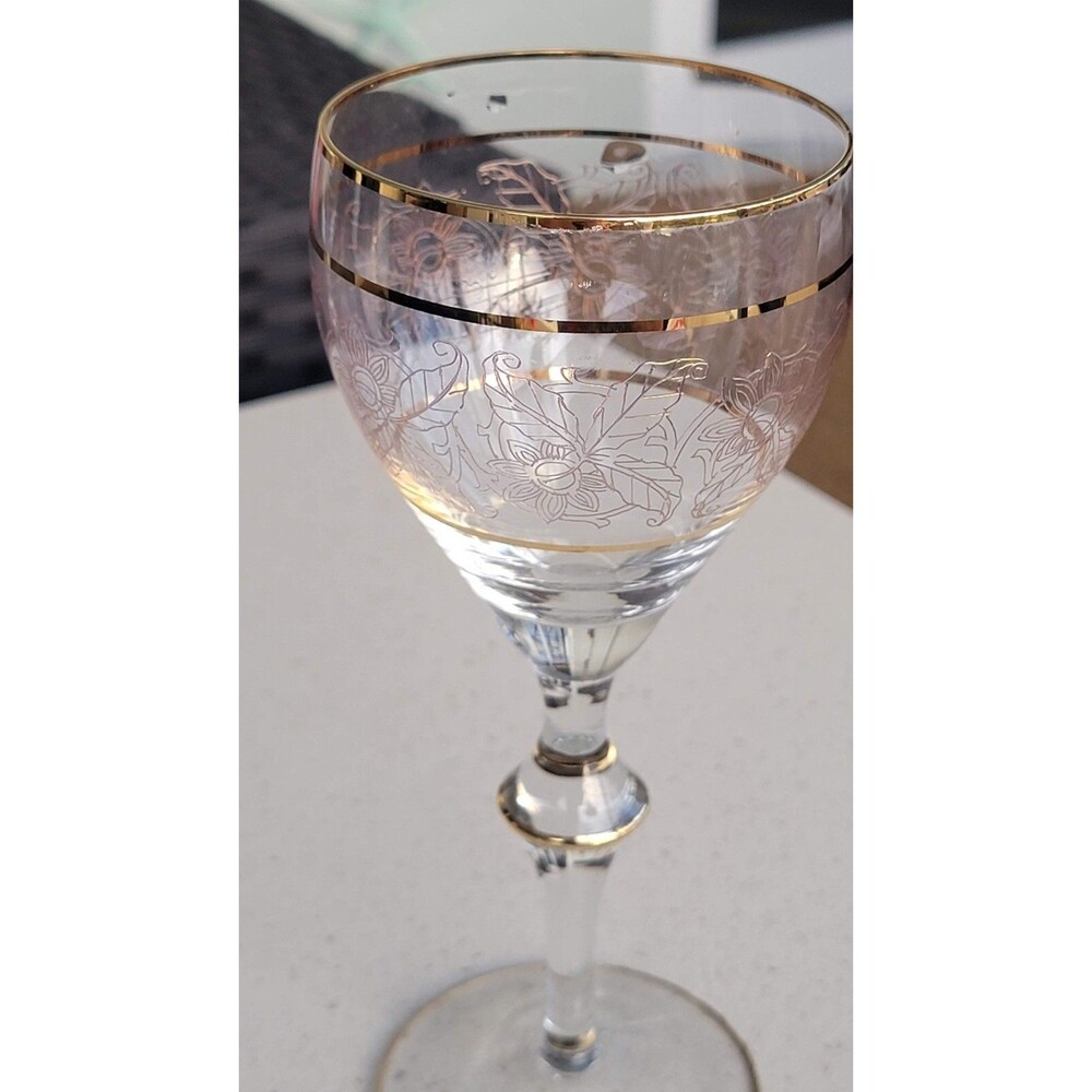 Vintage Crystal Wine Glasses Gold Etched & Banded Stemware Set/2 - Picture 10 of 13